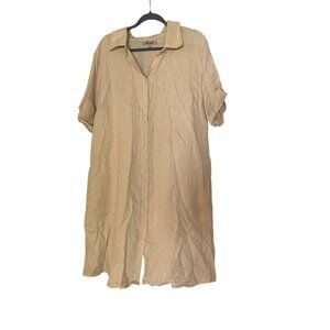 Flax Linen Tan Button Down Dress Pockets Roll Tab Sleeves Collared Size Large Wm